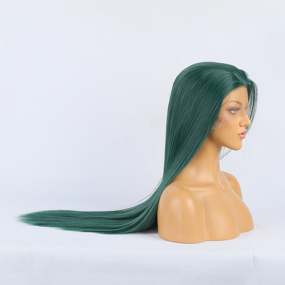 Side profile displaying deep emerald teal wig color