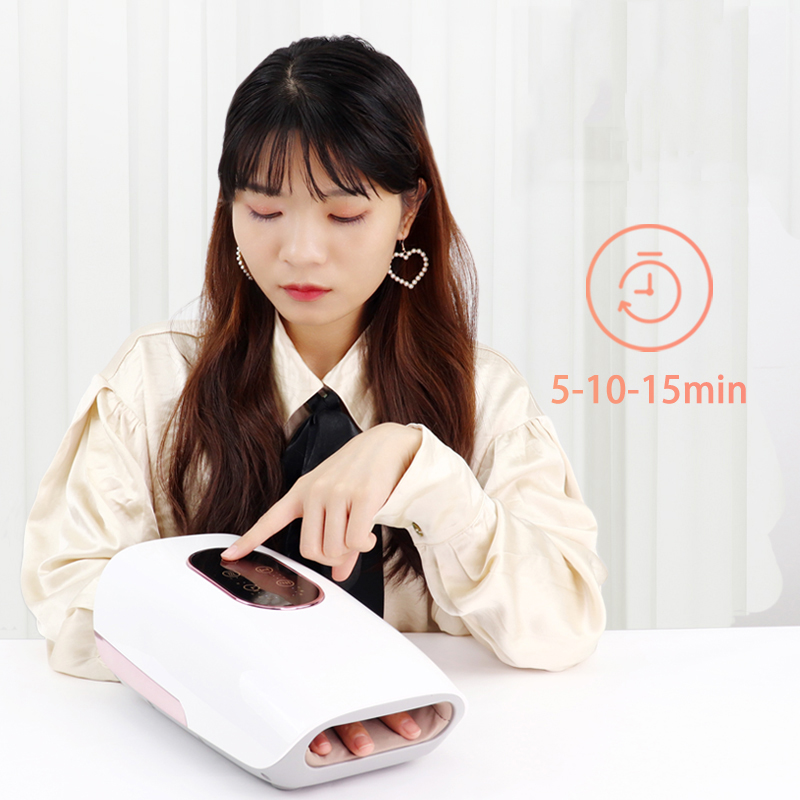 Woman using massager with timer icon visible, highlighting 5-10-15min quick sessions