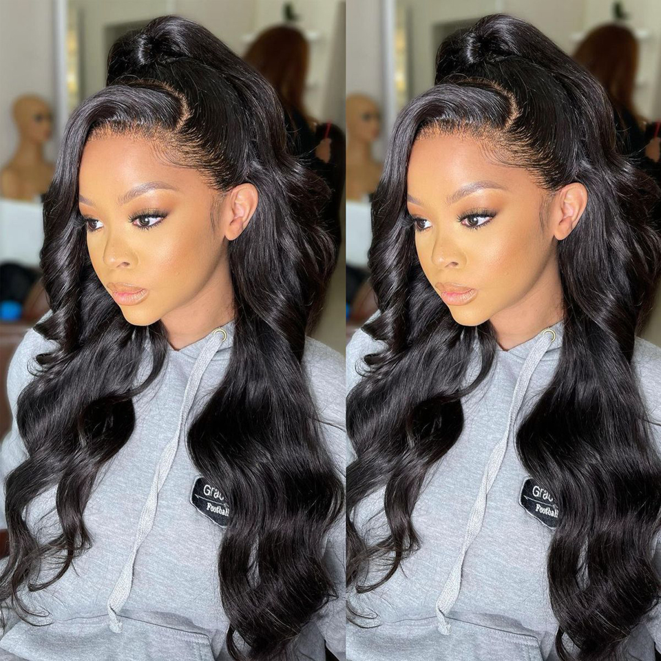Long wavy wig styled with face-framing volume