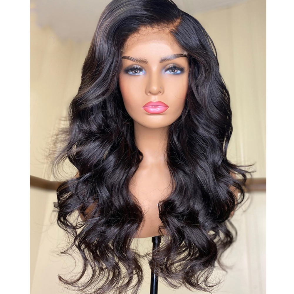 Full front view showing dense layered wig volume