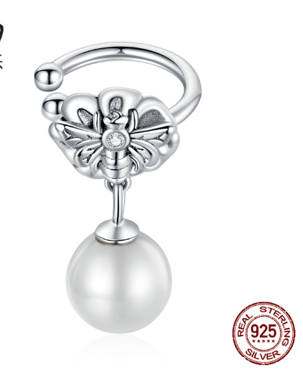 Single Sterling Silver s925 Bee Bead Earrings Female Zircon Insect Single Simple Earring For Women
