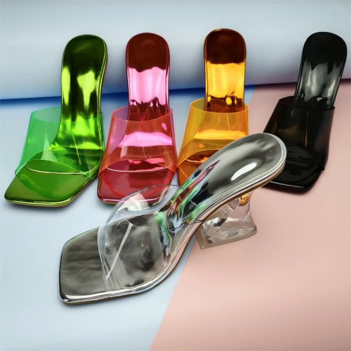 Color Crystal Heel Sandals Women Ladies Shoes Transparent Heel Color PVC Sandals