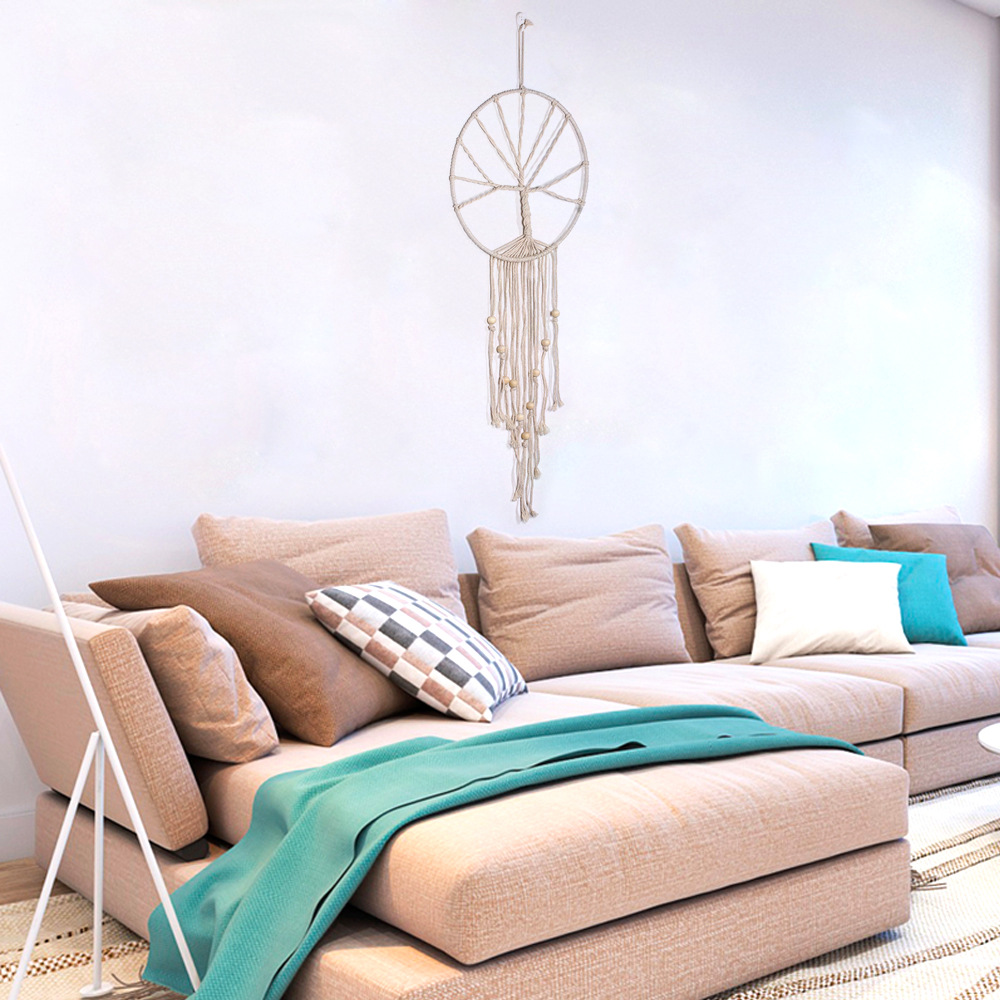 Woven fringe texture styled above beige sectional