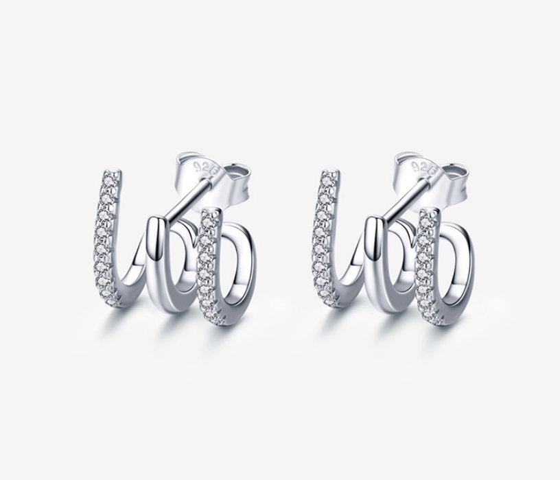 Sterling Silver Stud Earrings Three Layers Twisted Silver Earrings S925 White Zircon Fashion Women