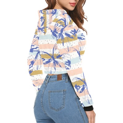Women's cropped hoodie with all-over abstract print, featuring drawstring hood and long sleeves, 100% polyester.