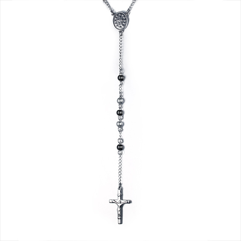 Fashion Jewelry Titanium Steel Religious Jesus Cross Necklace Long Necklace Bead Chain Pendant