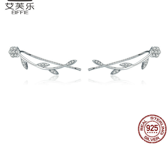 Leaf Shape Earrings Sterling Silver s925 Earrings Zircon Platinum Plated Stud