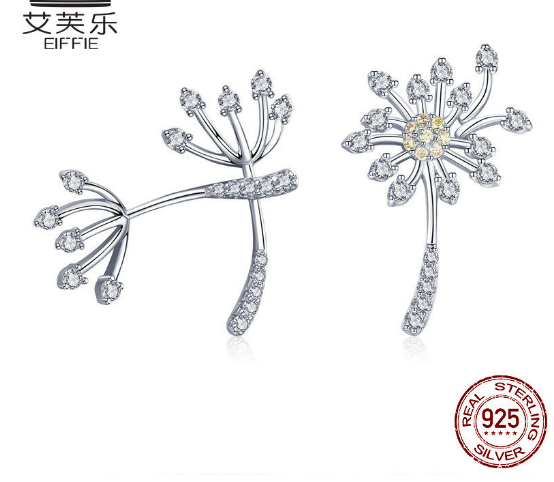 Avele New S925 Sterling Silver Earrings White Dandelion Love Platinum Plated Womens Stud Earrings
