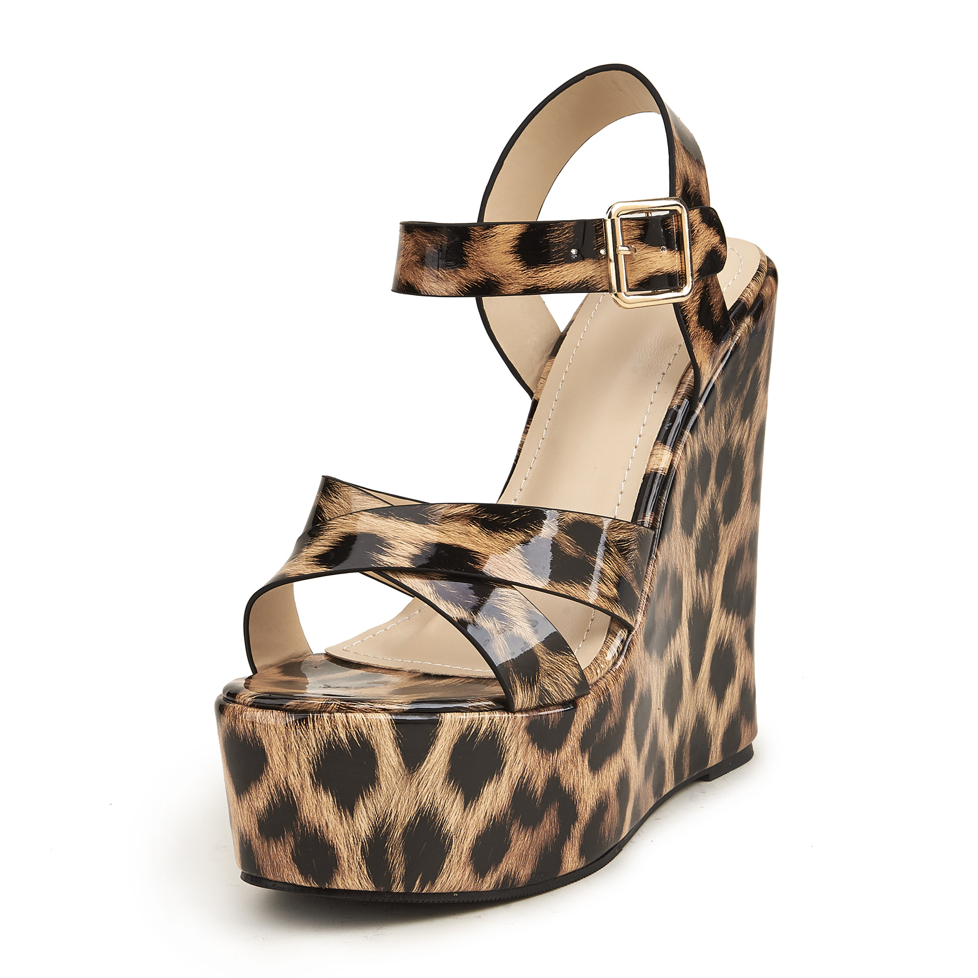 Spring And Autumn Wedge Heel High-Heeled Sandals Women's Thick-Soled Leopard Print Vamp Waterproof Ladies Shoes