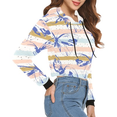 Women's cropped hoodie with all-over print, featuring drawstring hood and long sleeves. Made of 100% polyester.