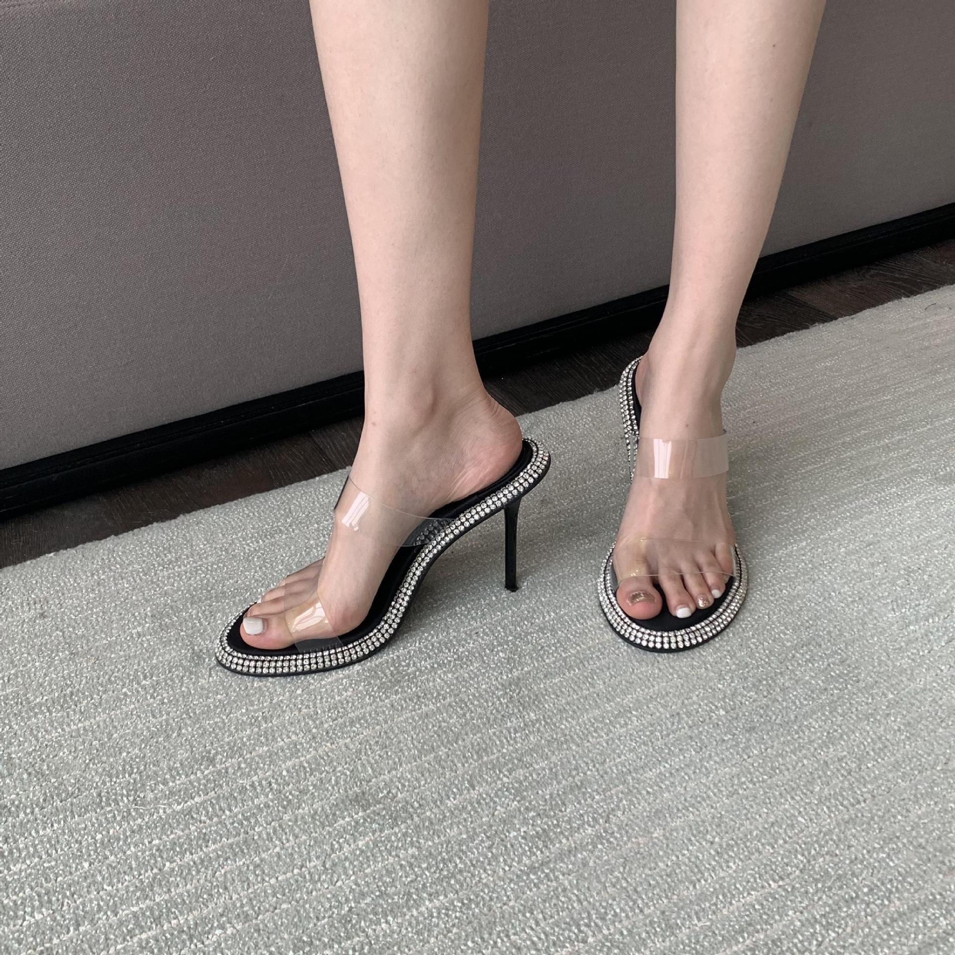Spring And Summer King's Rhinestone Transparent One-Word Belt Sandals Women AW Slippers Wear Stiletto Sandals