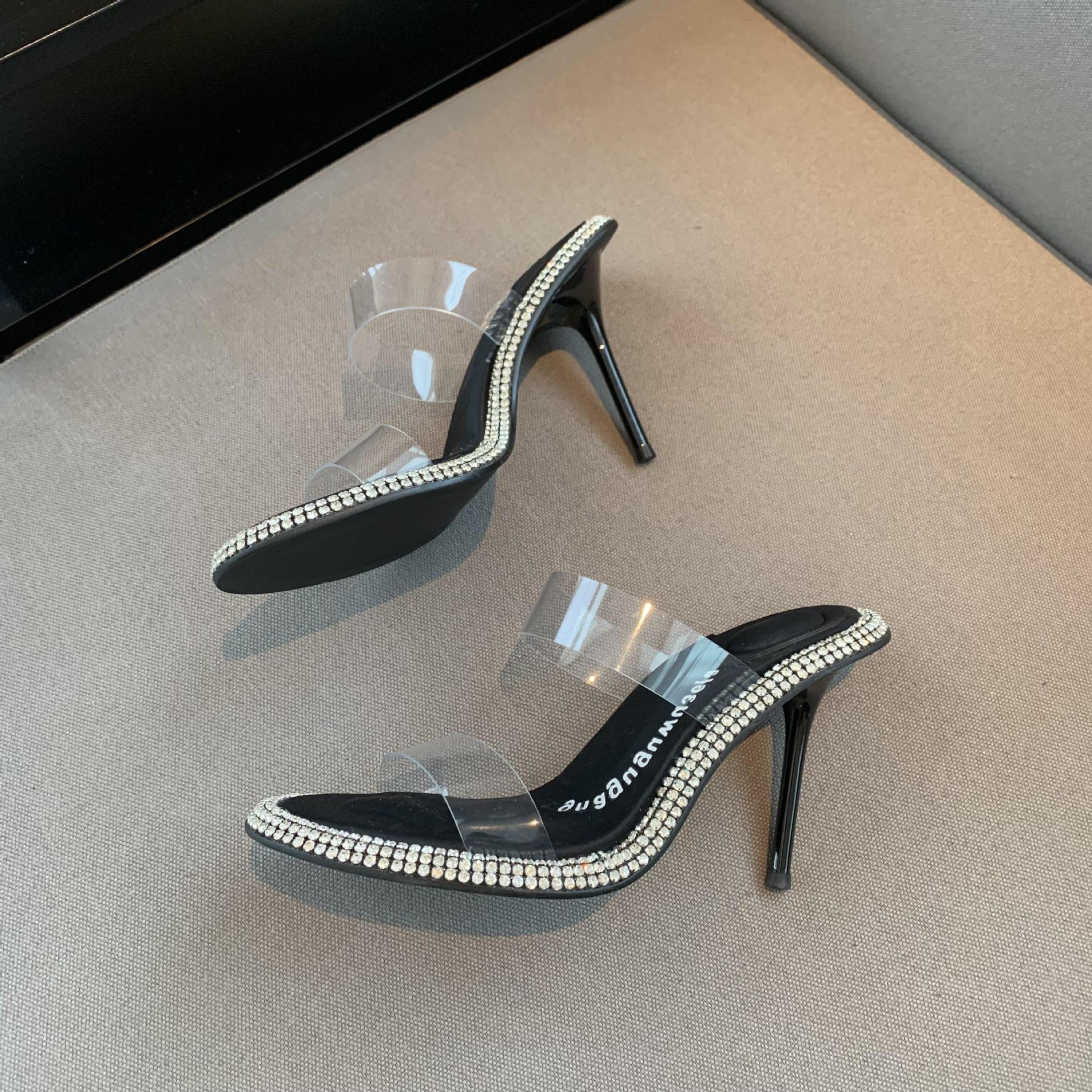 Spring And Summer King's Rhinestone Transparent One-Word Belt Sandals Women AW Slippers Wear Stiletto Sandals image 3