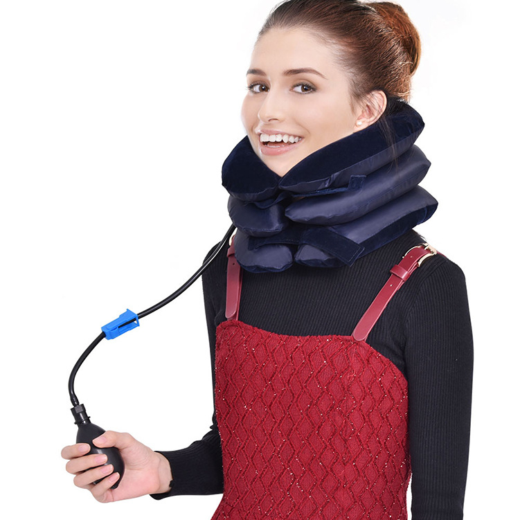 Smiling woman wearing the cervical traction device, standing confidently with improved posture.