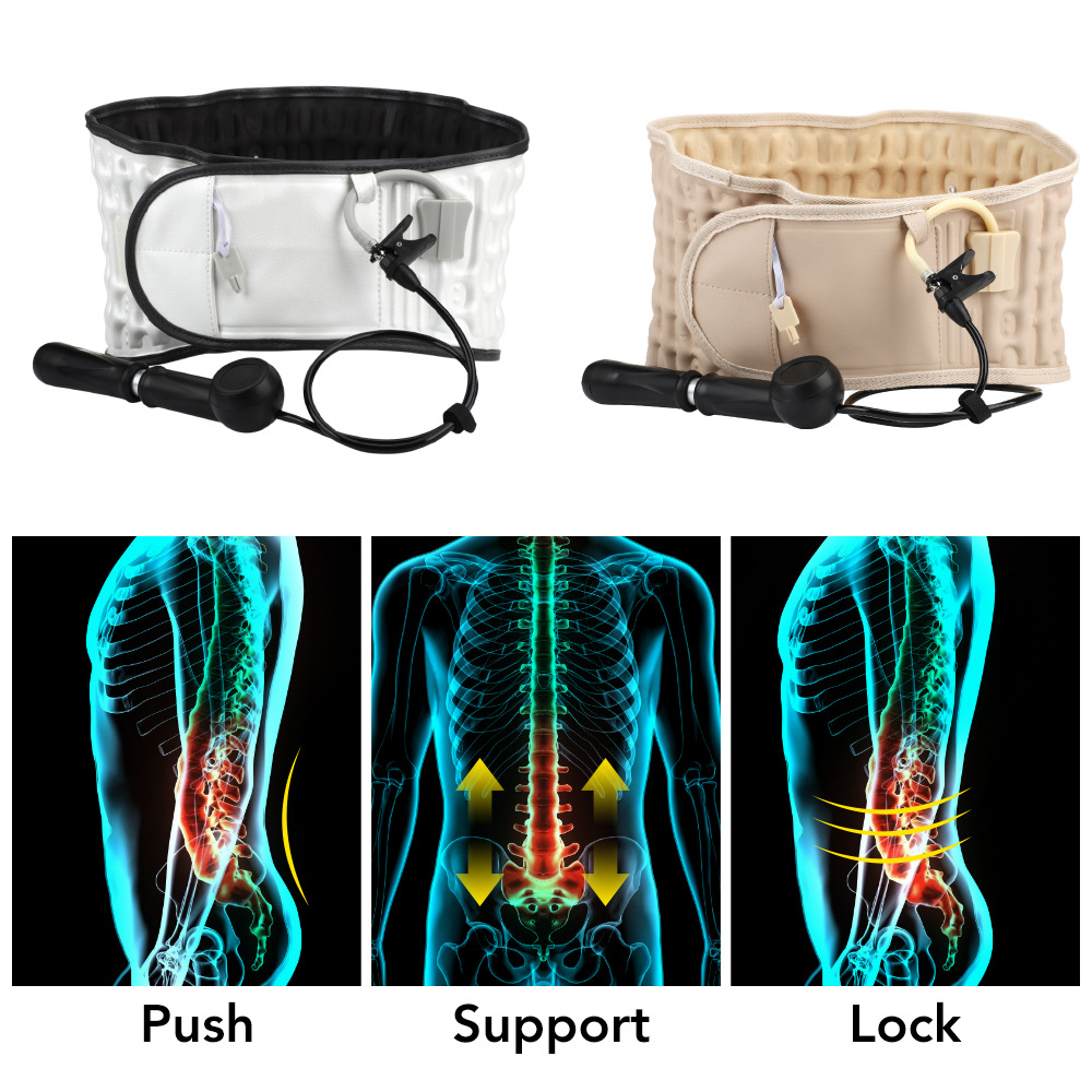 Side-by-side beige and white belts with integrated pump systems, highlighting inflatable chamber placement