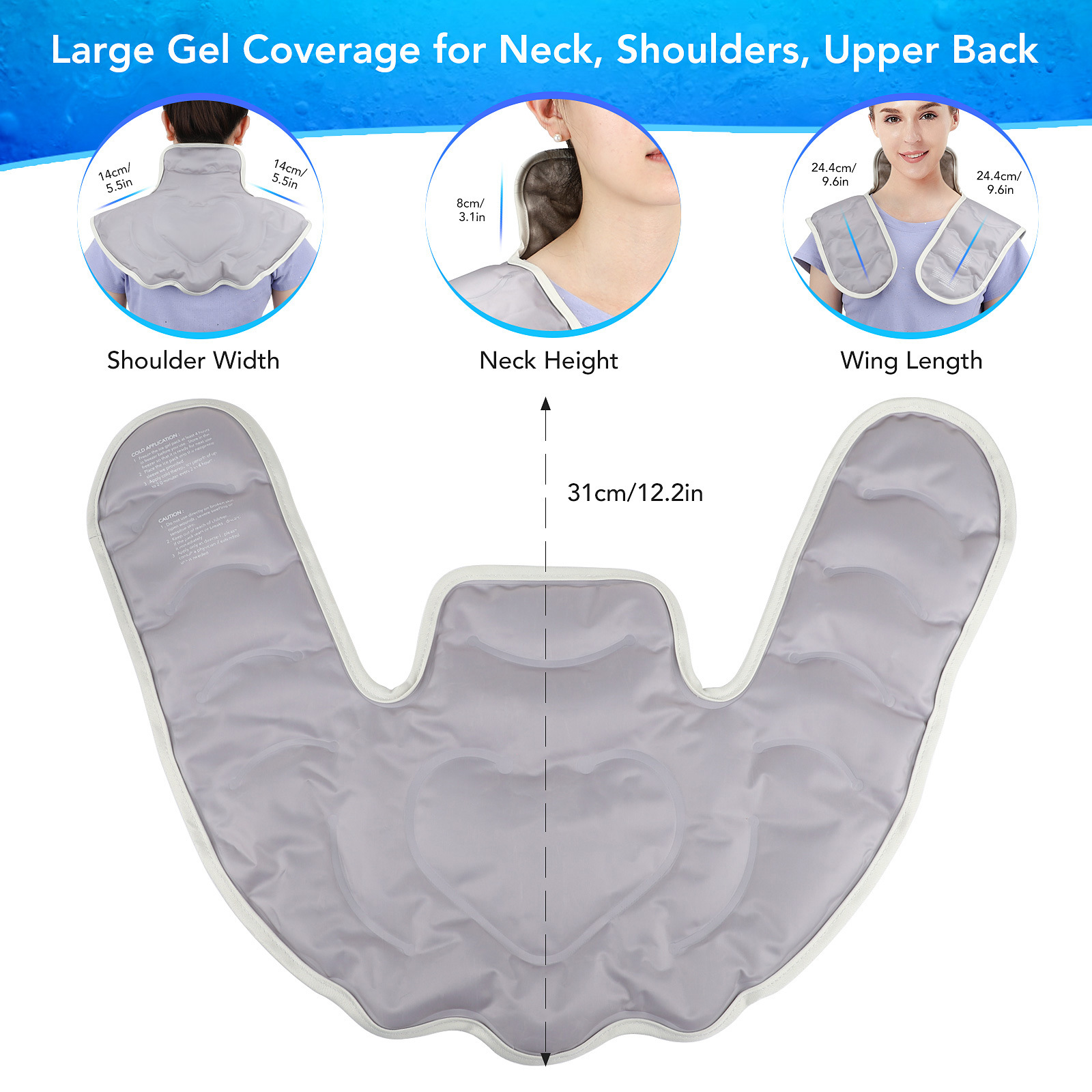 Technical drawing with measurements: shoulder width 14cm, neck height 8cm, wing length 24.4cm, total height 31cm