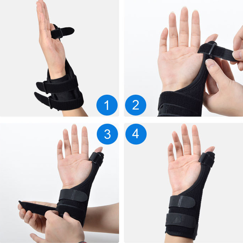 Four sequential photos showing proper brace fitting and full hand mobility