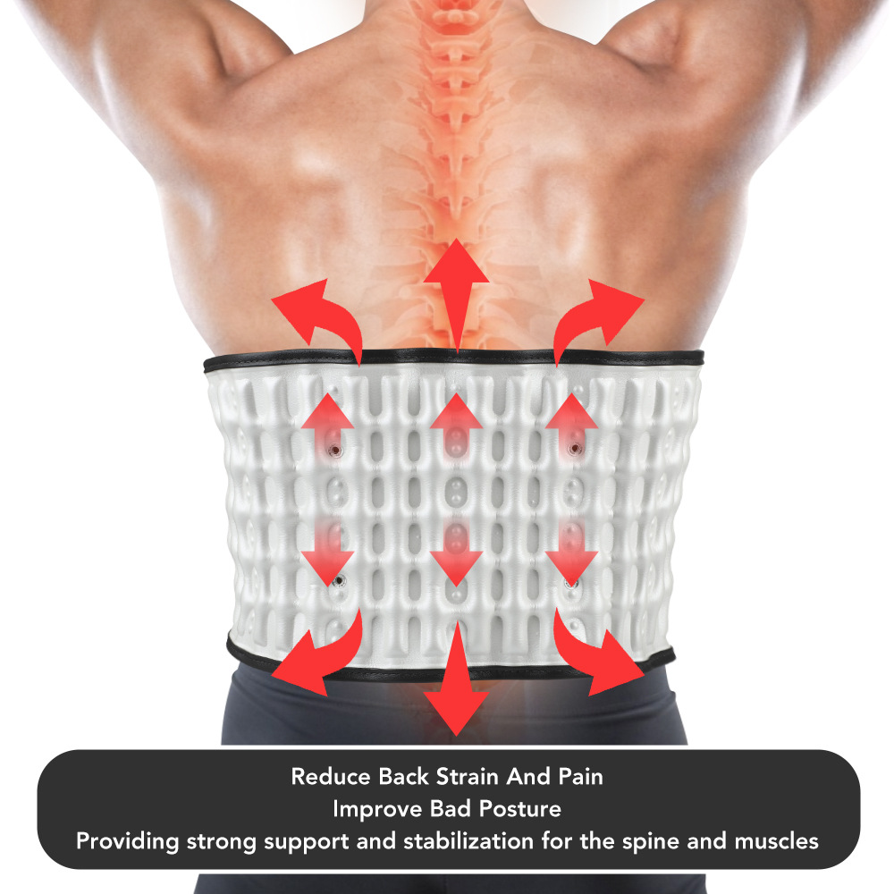 Shirtless male torso with red heat map over lower back, directional arrows indicating compression and support zones