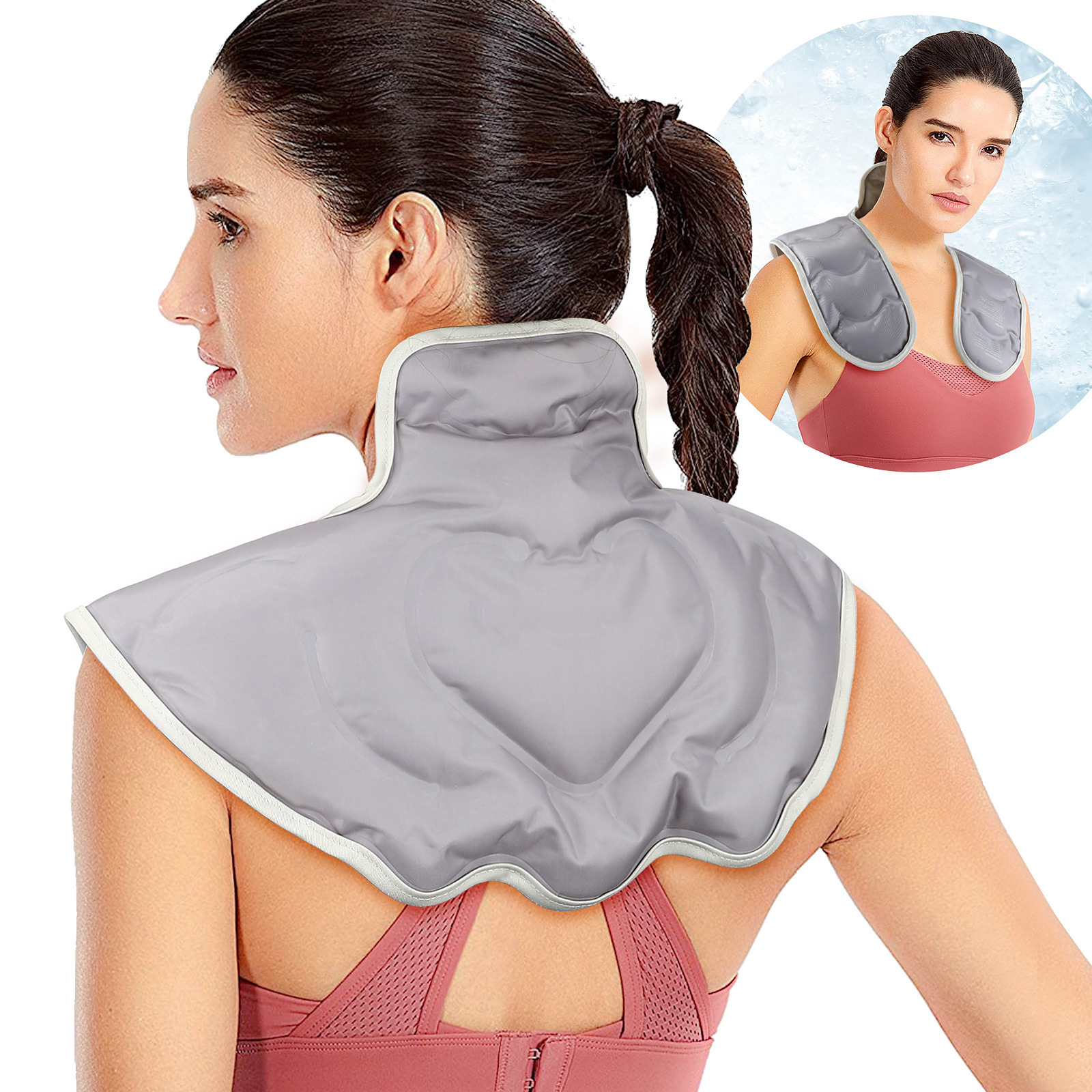 Woman wearing gray and white gel compress pad on shoulders and upper back, shown from behind and side profile with anatomical neck display