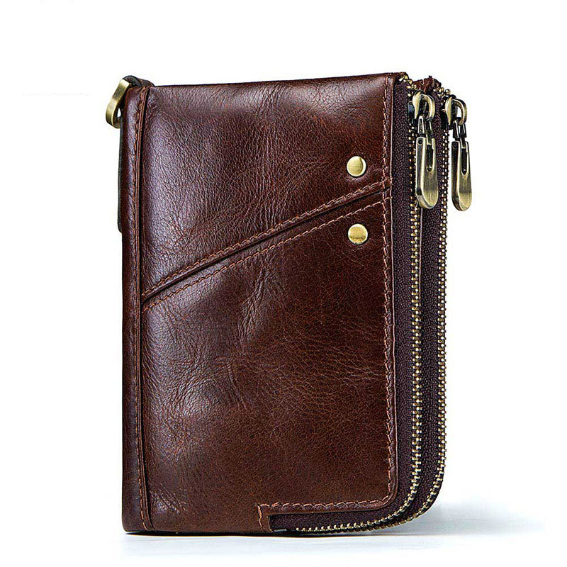 Anti-Theft Brush RFID Genuine Leather Men's Wallet Multifunctional Double Zipper Vertical Wallet