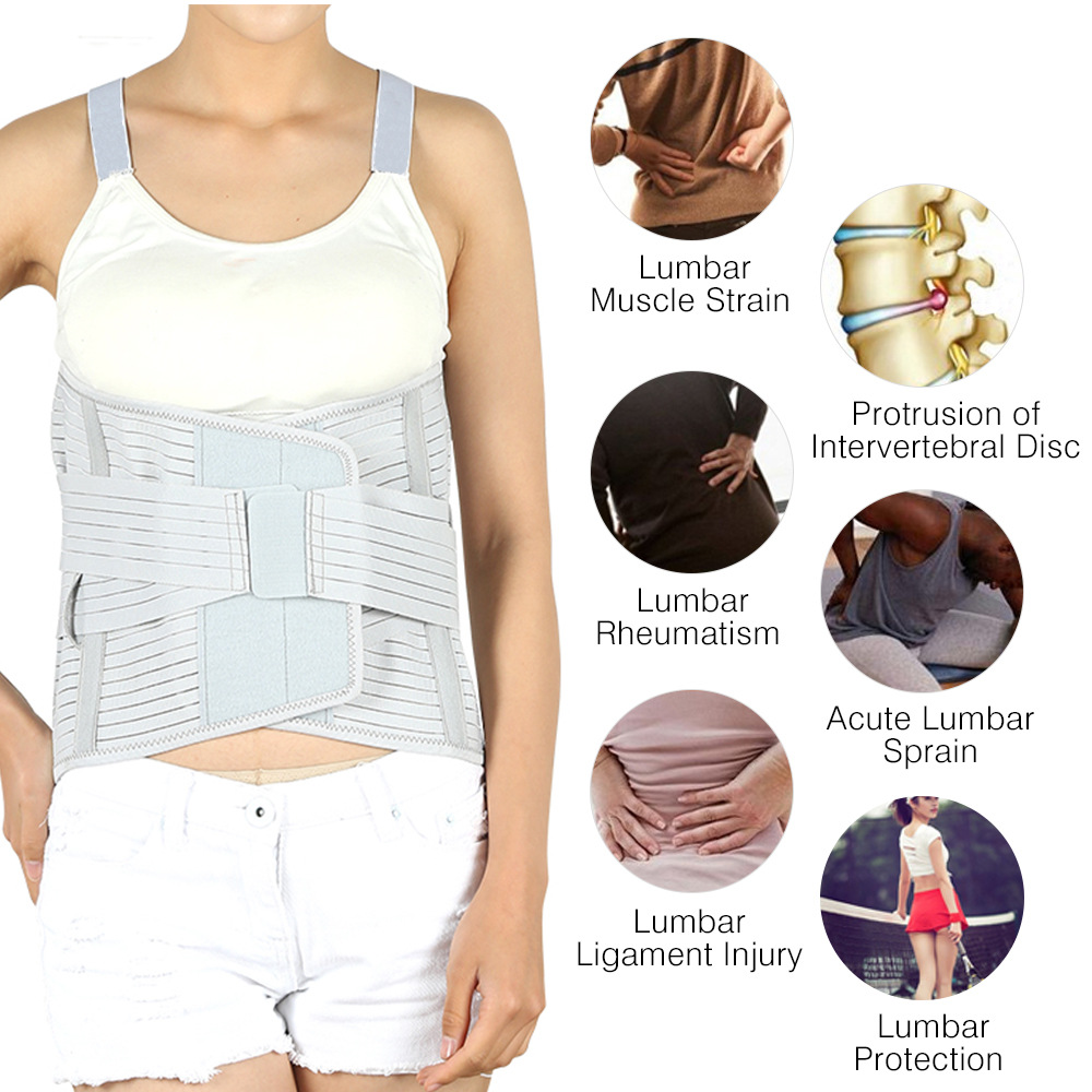 Infographic showing lumbar muscle strain, disc protrusion, rheumatism, ligament injury, and athletic protection — the conditions the belt addresses