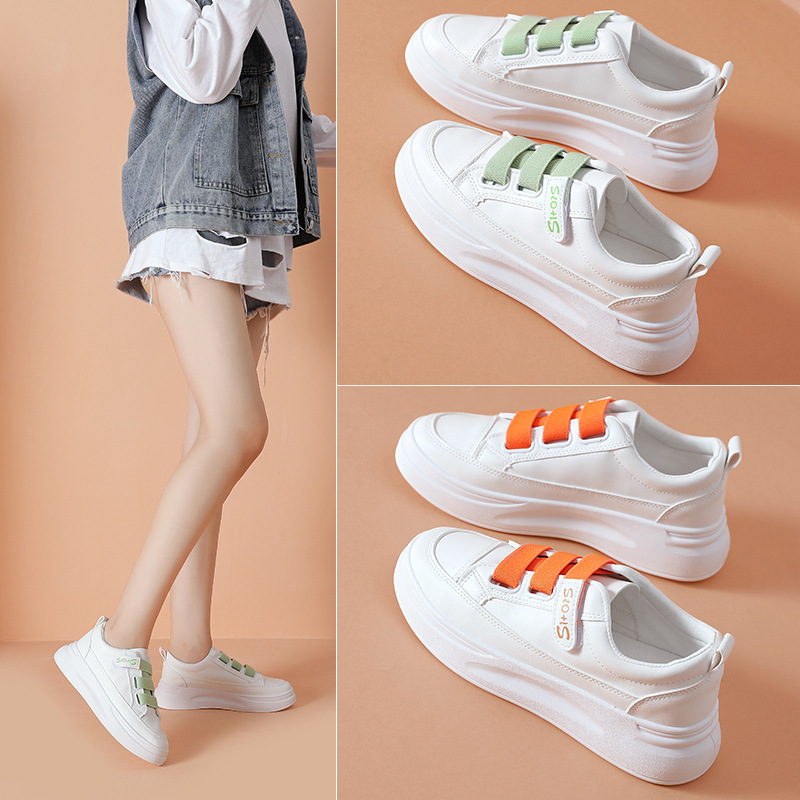 Women's Thick-Sole White Sneakers with Velcro Strap