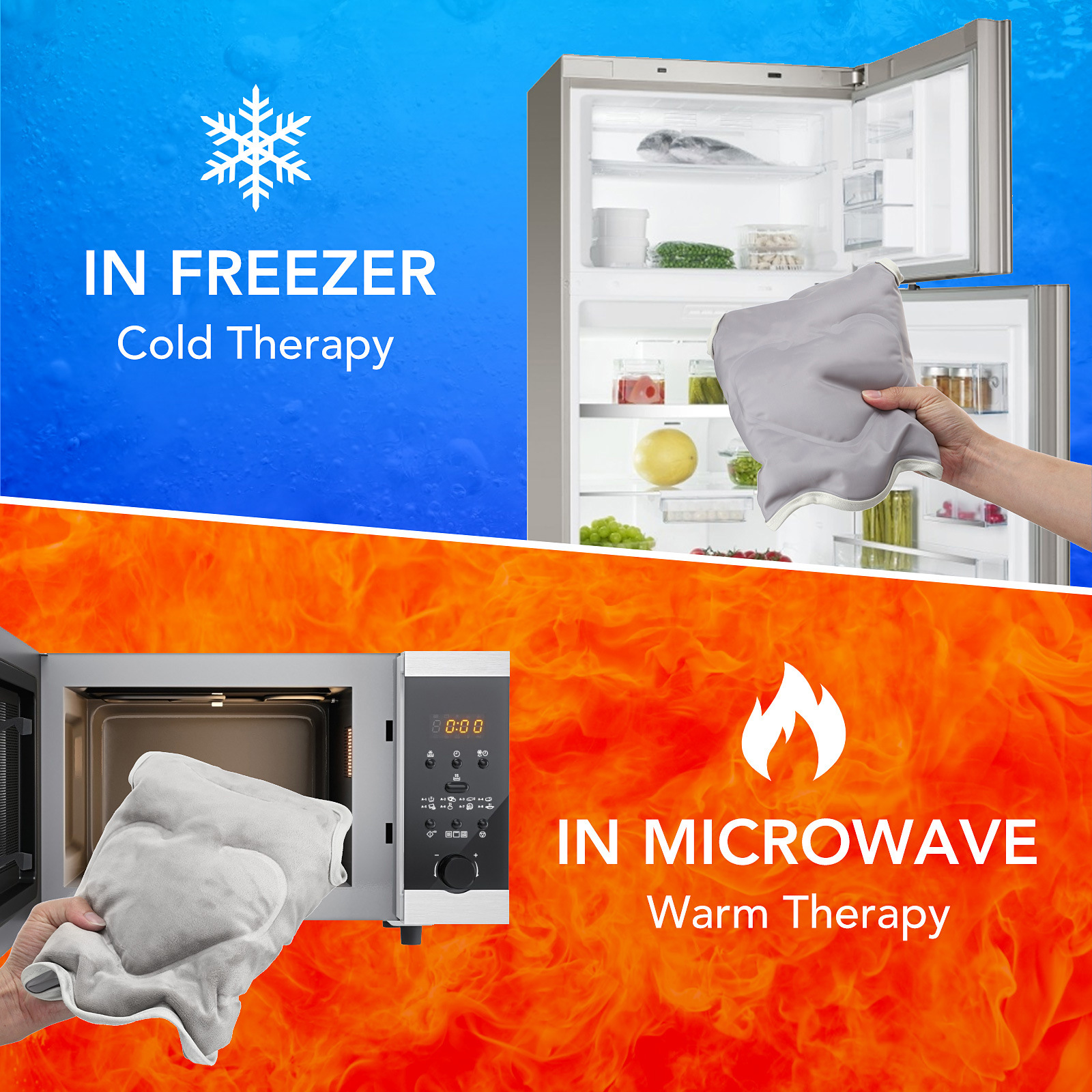 Split screen showing freezer with snowflake icon and microwave with flame icon for dual temperature therapy