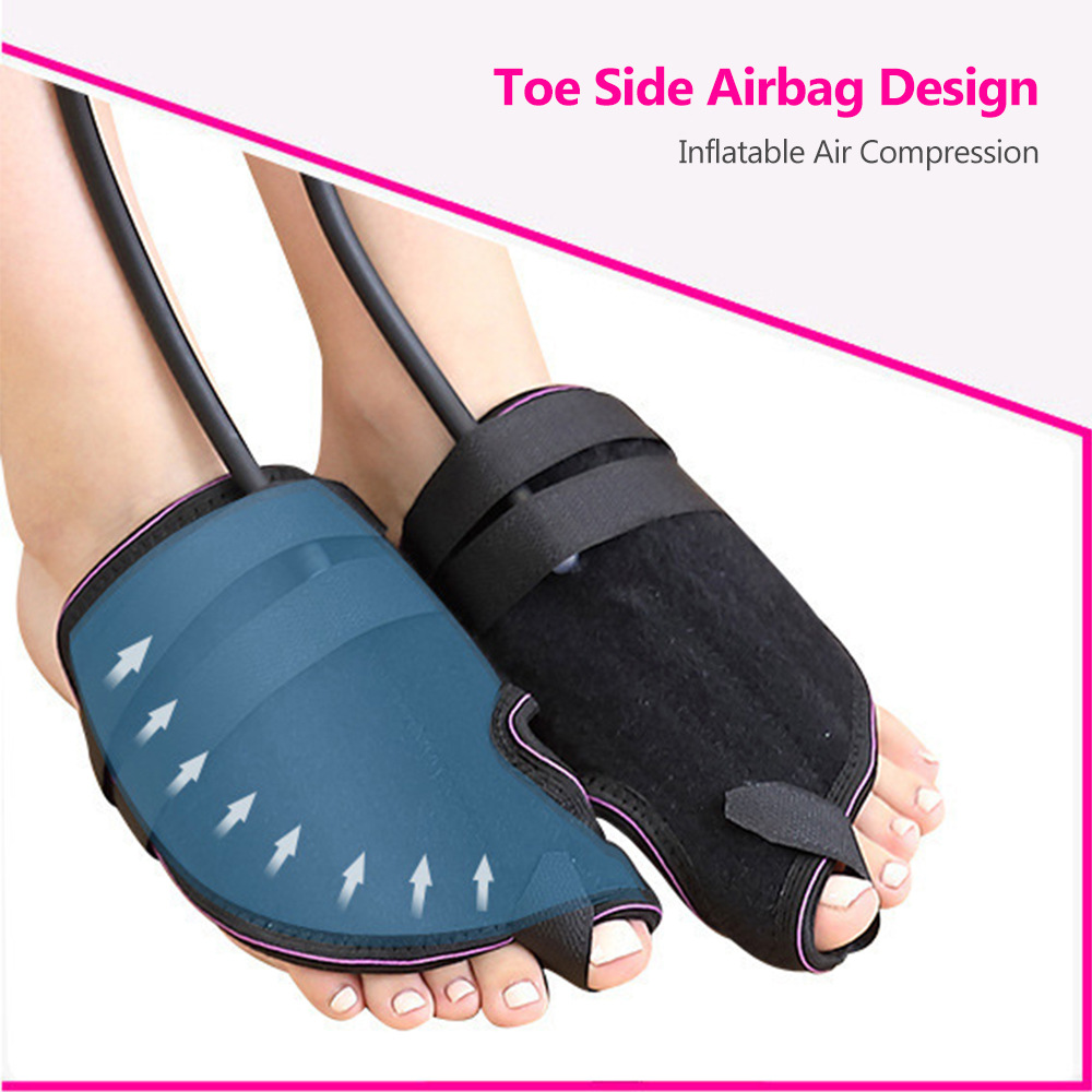 Detailed view of blue toe-side airbag chamber showing compression direction arrows against black neoprene base