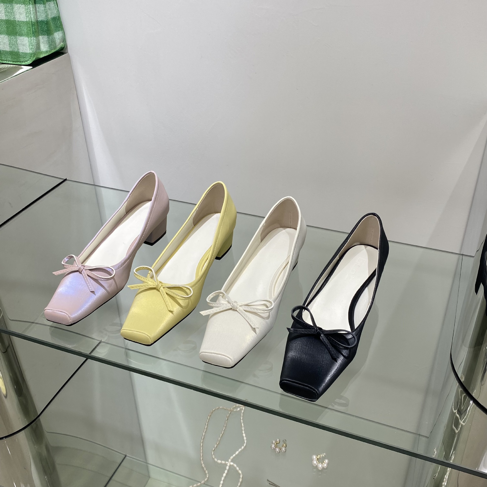 Spring Square Toe Bow Chunky Heel Mid Heel Shoes Satin Shallow Mouth Low Heel Women's Shoes
