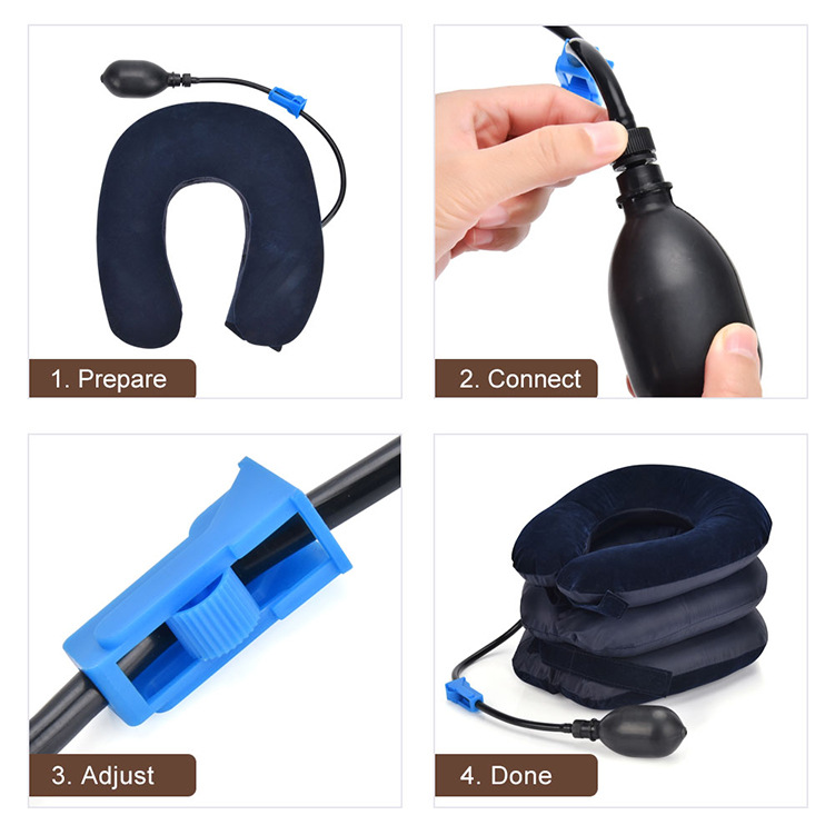 Hand pressing the manual air pump bulb connected to the traction device, demonstrating adjustable pressure control.