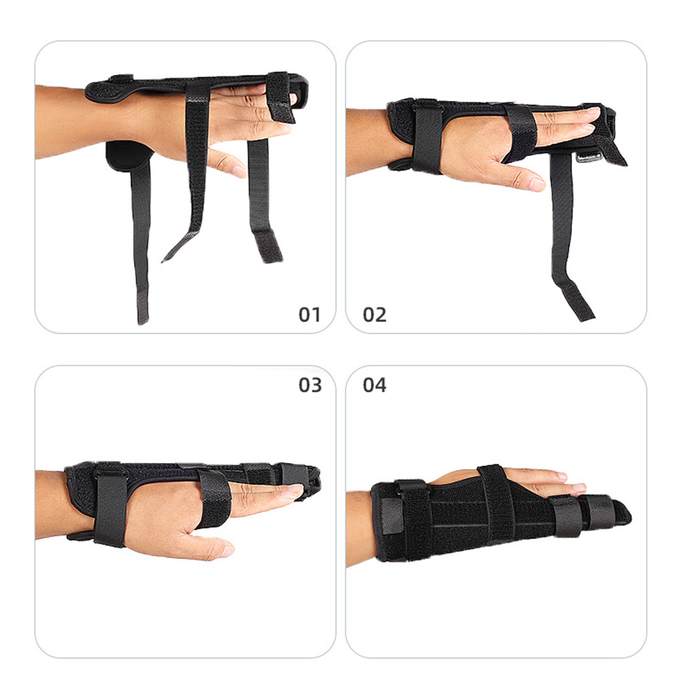 Step-by-step application guide showing four stages of fastening the finger brace