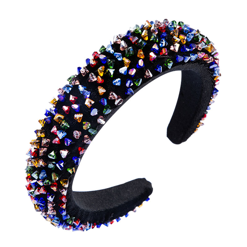 Dense multicolor faceted beads across black headband