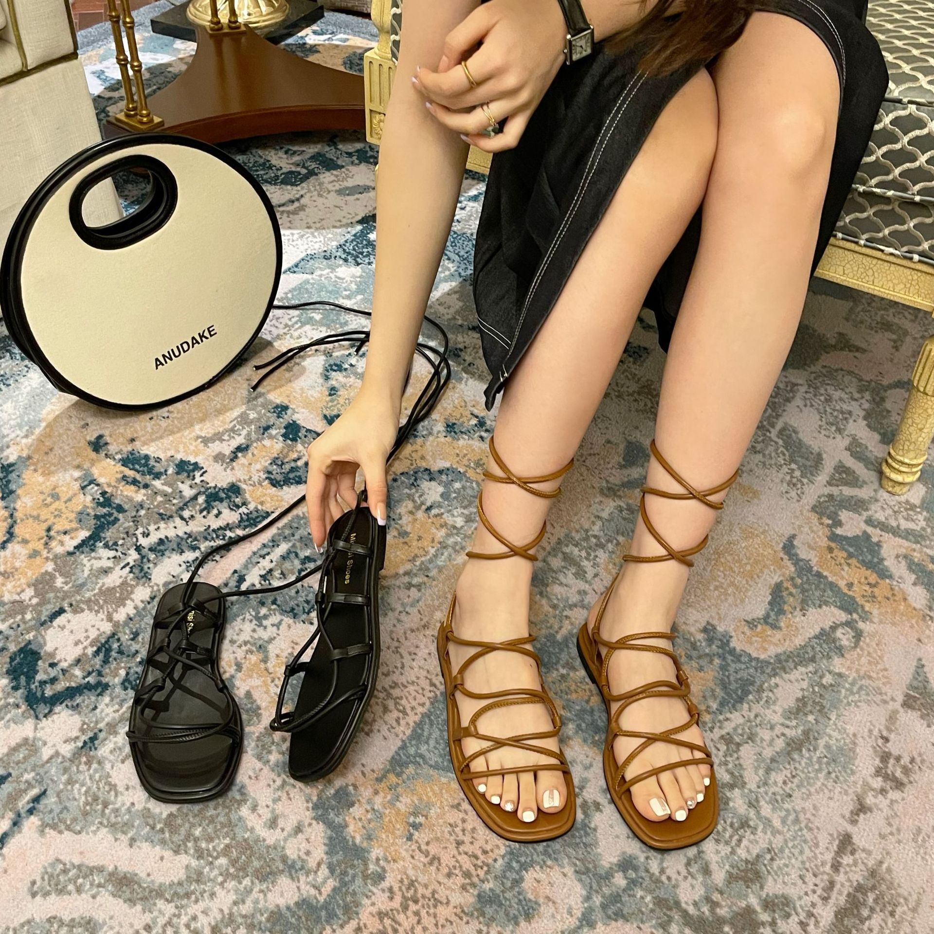 Long Tube Cool Boots Women's Strappy Korean Version Sexy High Tube Low Heel Flat Brown Travel