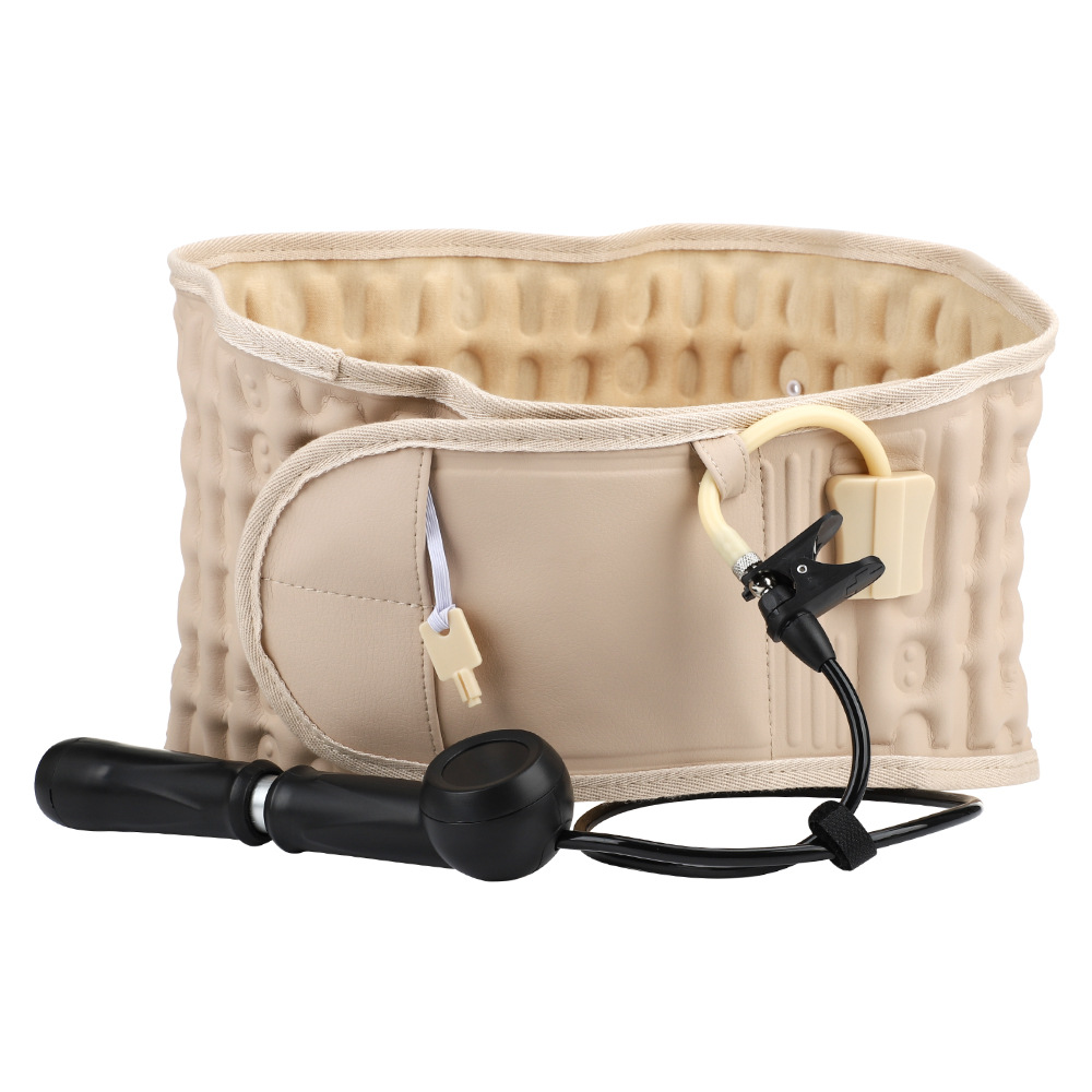 Beige inflatable waist belt with quilted padding, hand pump inflator, and wooden ring handles on white background