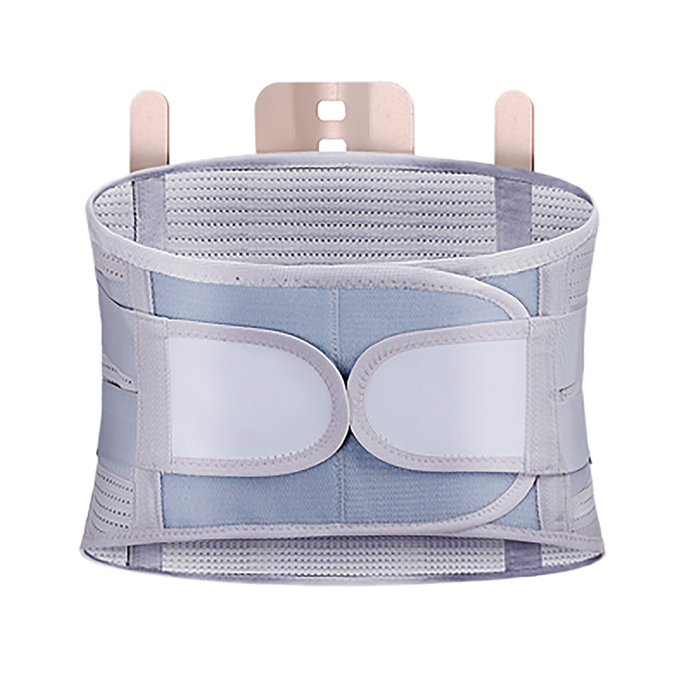 Flat lay of light blue and white orthopedic belt showing internal structure, mesh breathability, and padded support panels