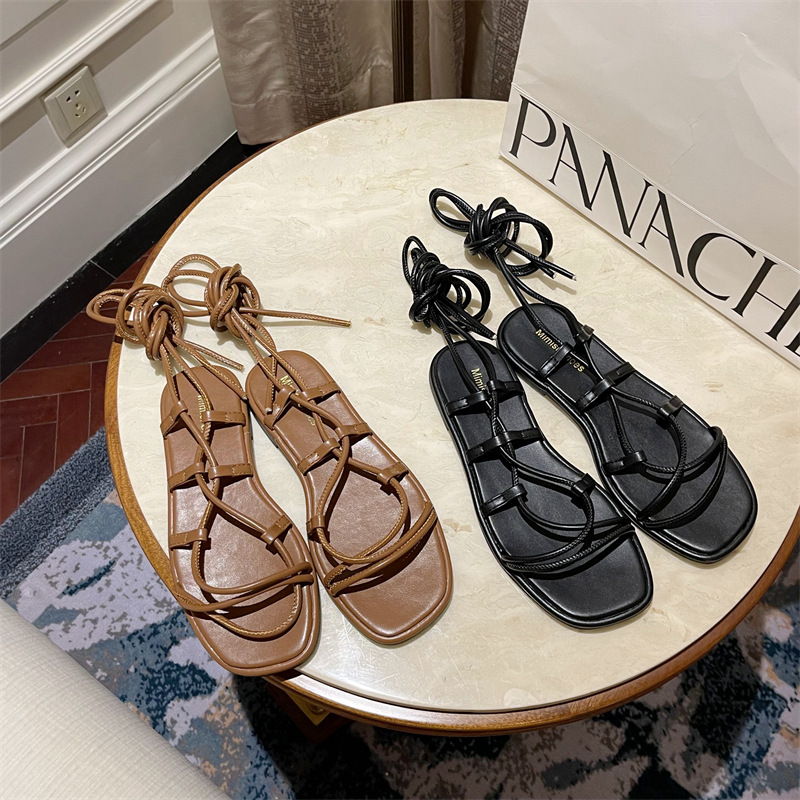 Long Tube Cool Boots Women's Strappy Korean Version Sexy High Tube Low Heel Flat Brown Travel image 5
