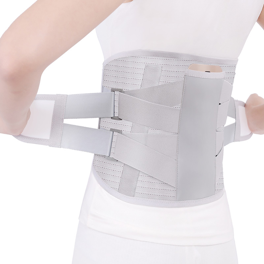 Back view of person adjusting white lumbar belt with dual velcro straps and steel reinforcement visible