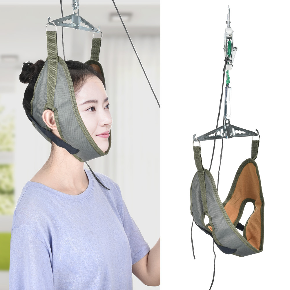 Overhead view showing complete portable suspension system with backpack-style harness, twin straps, and mechanical pulley attachment