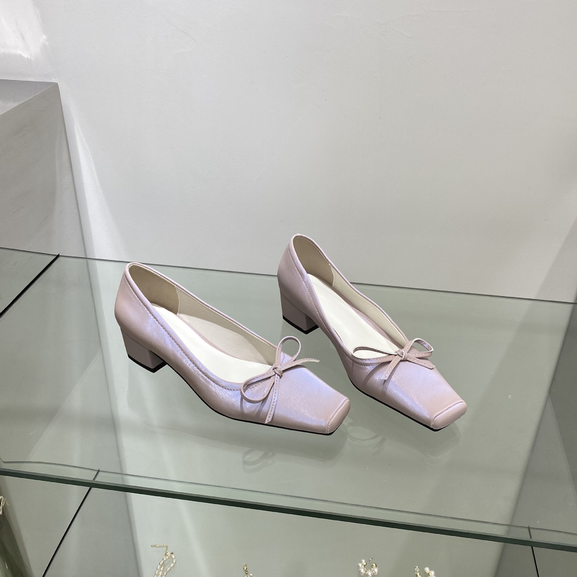 Spring Square Toe Bow Chunky Heel Mid Heel Shoes Satin Shallow Mouth Low Heel Women's Shoes