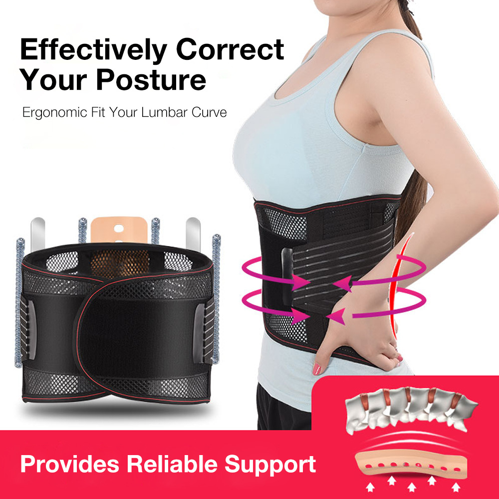 Side-view of woman wearing support belt with compression arrows and anatomical spine diagram, illustrating the strain and misalignment problem