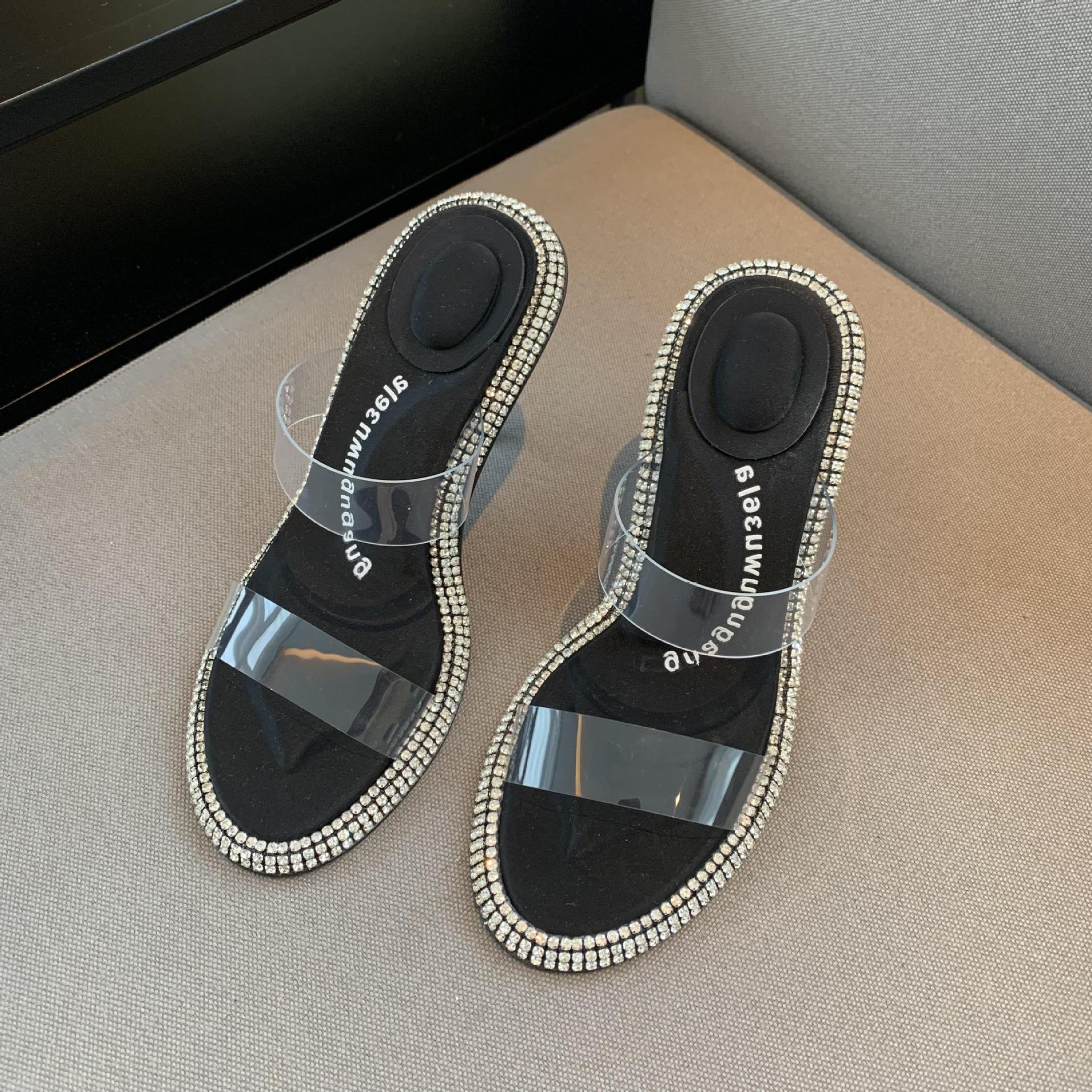 Spring And Summer King's Rhinestone Transparent One-Word Belt Sandals Women AW Slippers Wear Stiletto Sandals image 5