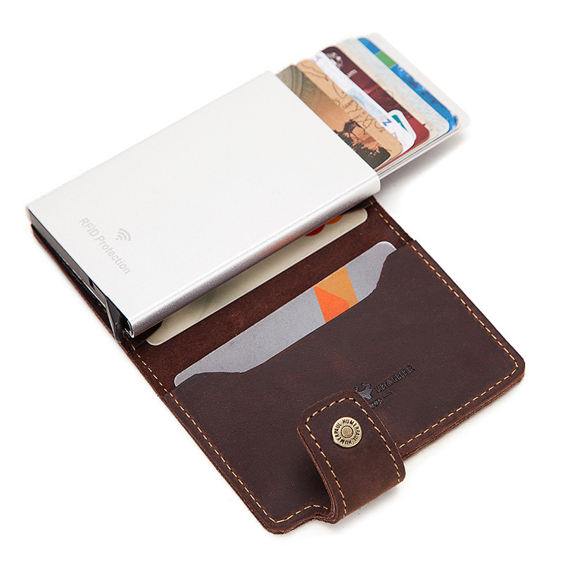 Leather Automatic Pop Up Credit Card Case Business Card Case Metal Aluminum Holder RFID Holder