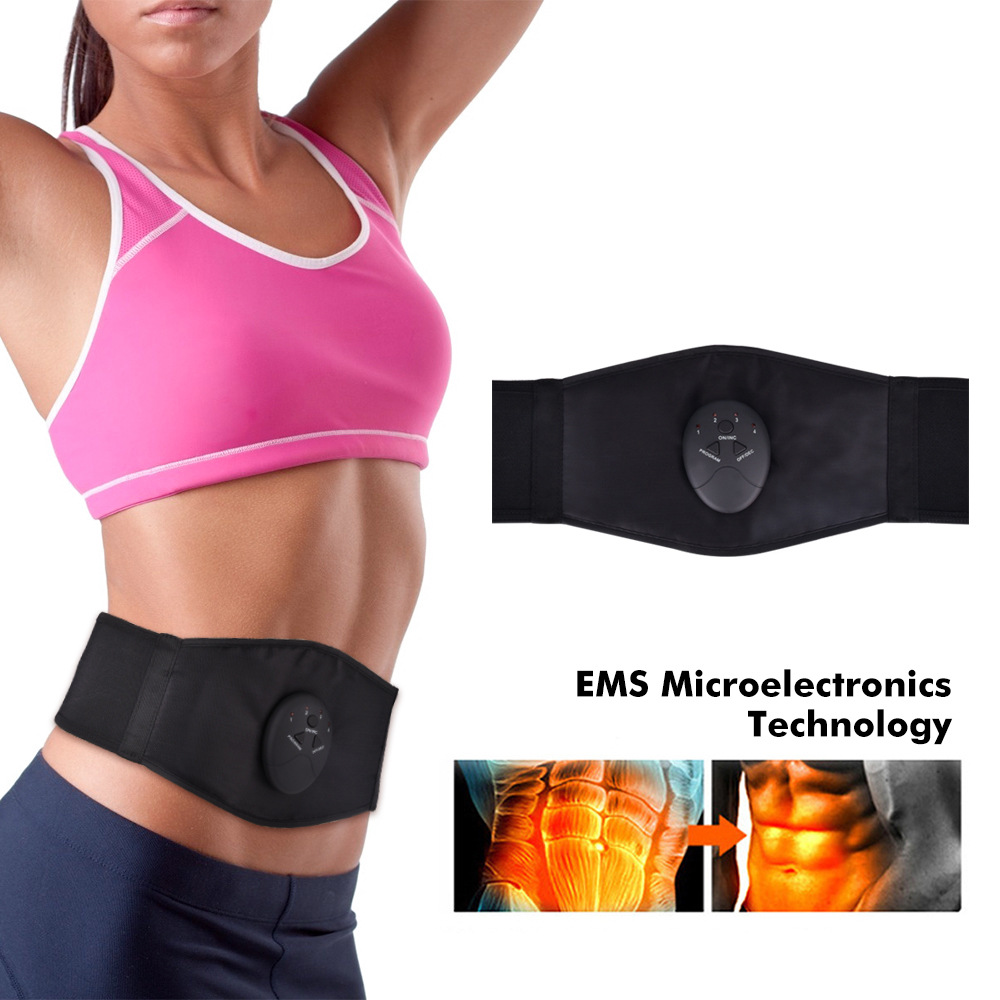 Fit woman in pink sports bra wearing EMS belt; inset thermal image shows muscle activation in red/yellow