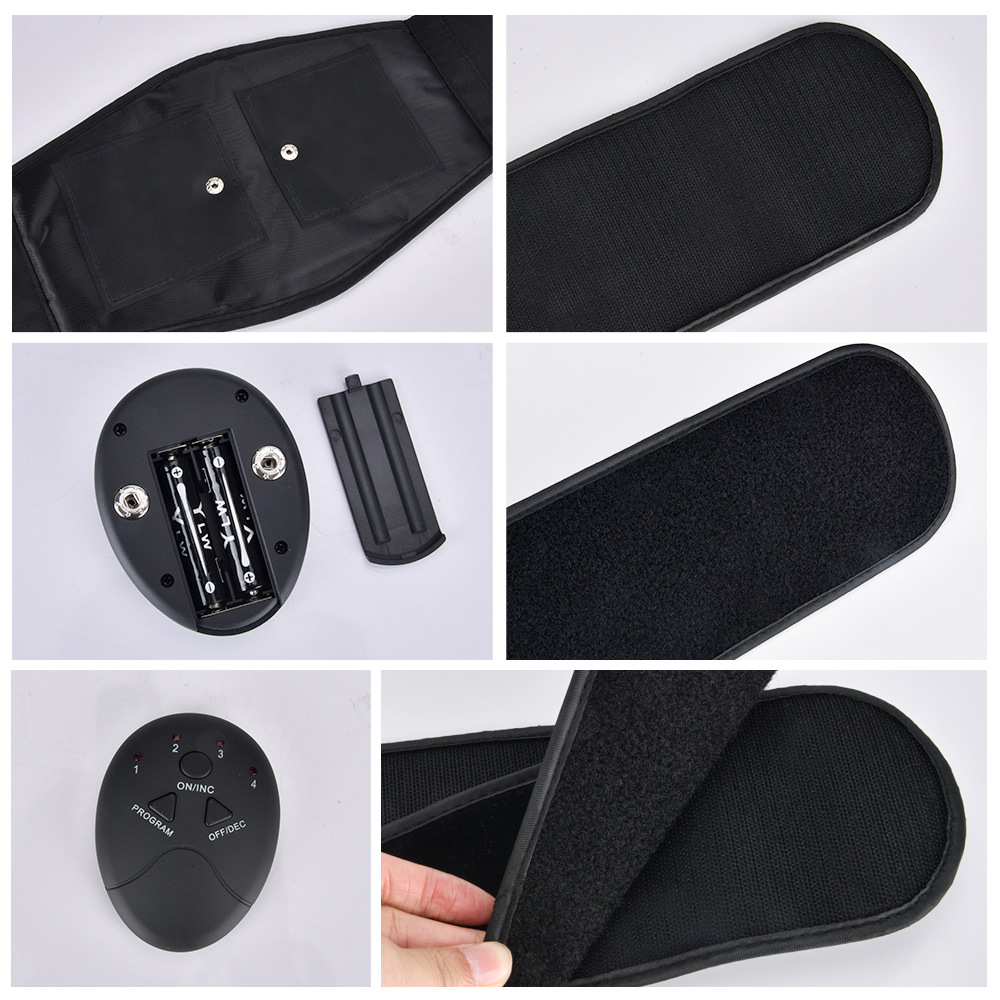 Closeup of textured silicone electrode pad, metallic snaps, and remote with numbered intensity buttons