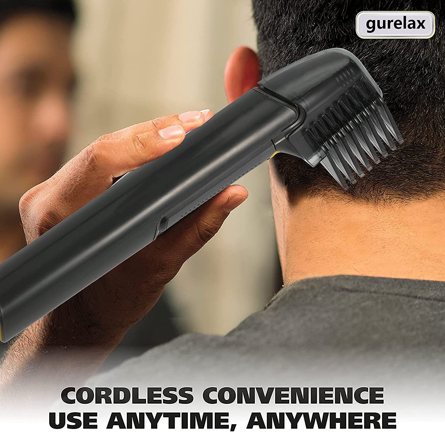 Man using cordless trimmer for back grooming