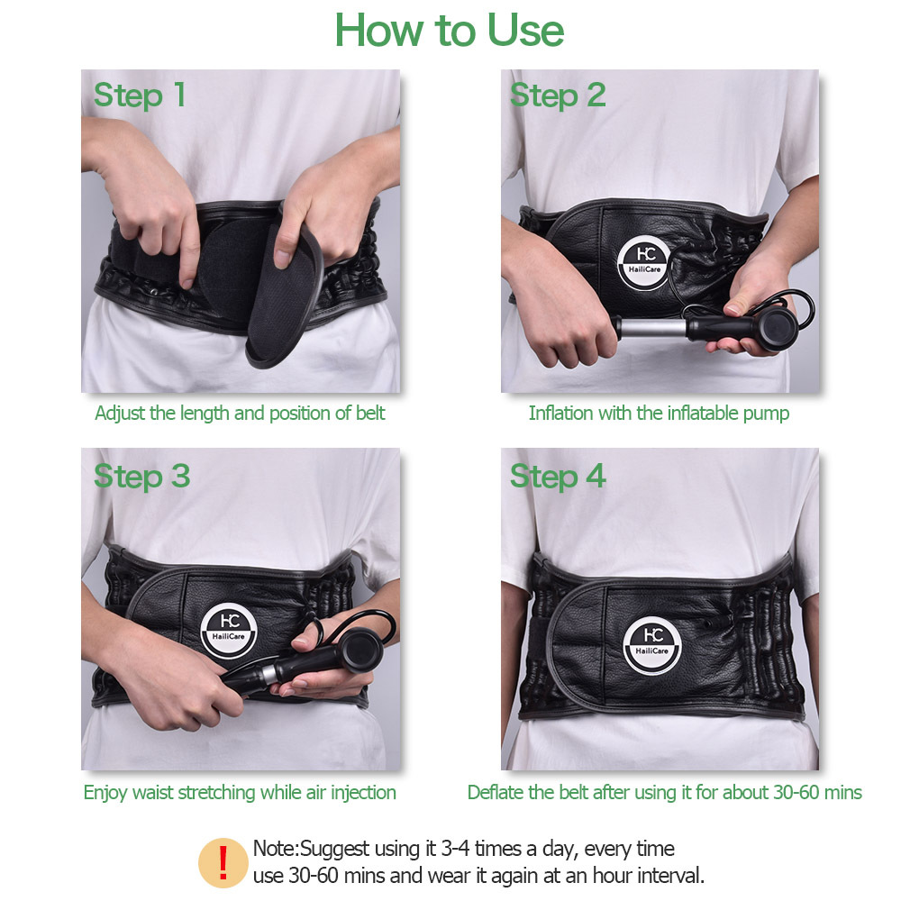 Infographic showing four back pain scenarios: driving, carrying boxes, rainy weather ache, and exercising, with a man wearing the belt in center