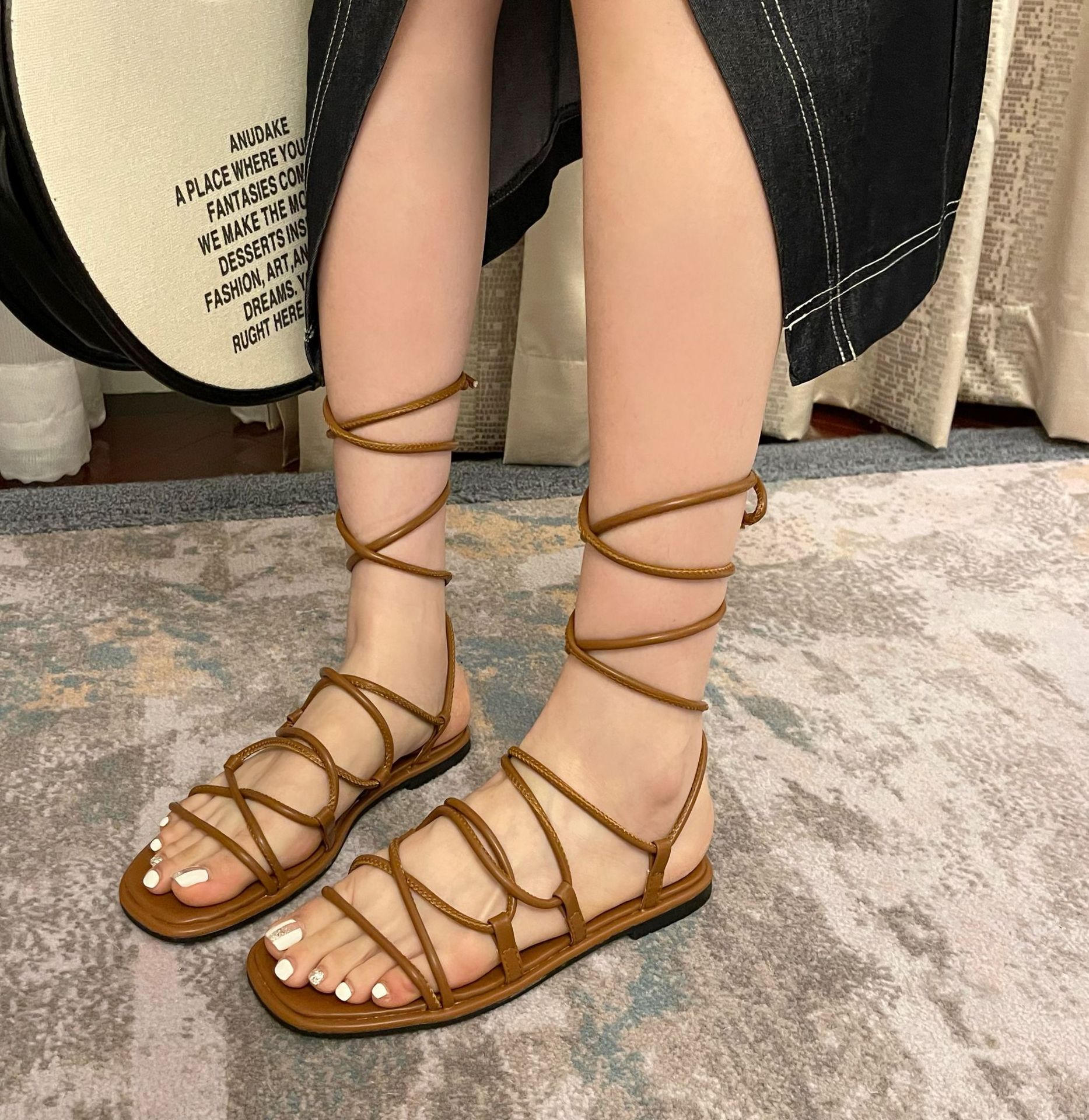 Long Tube Cool Boots Women's Strappy Korean Version Sexy High Tube Low Heel Flat Brown Travel
