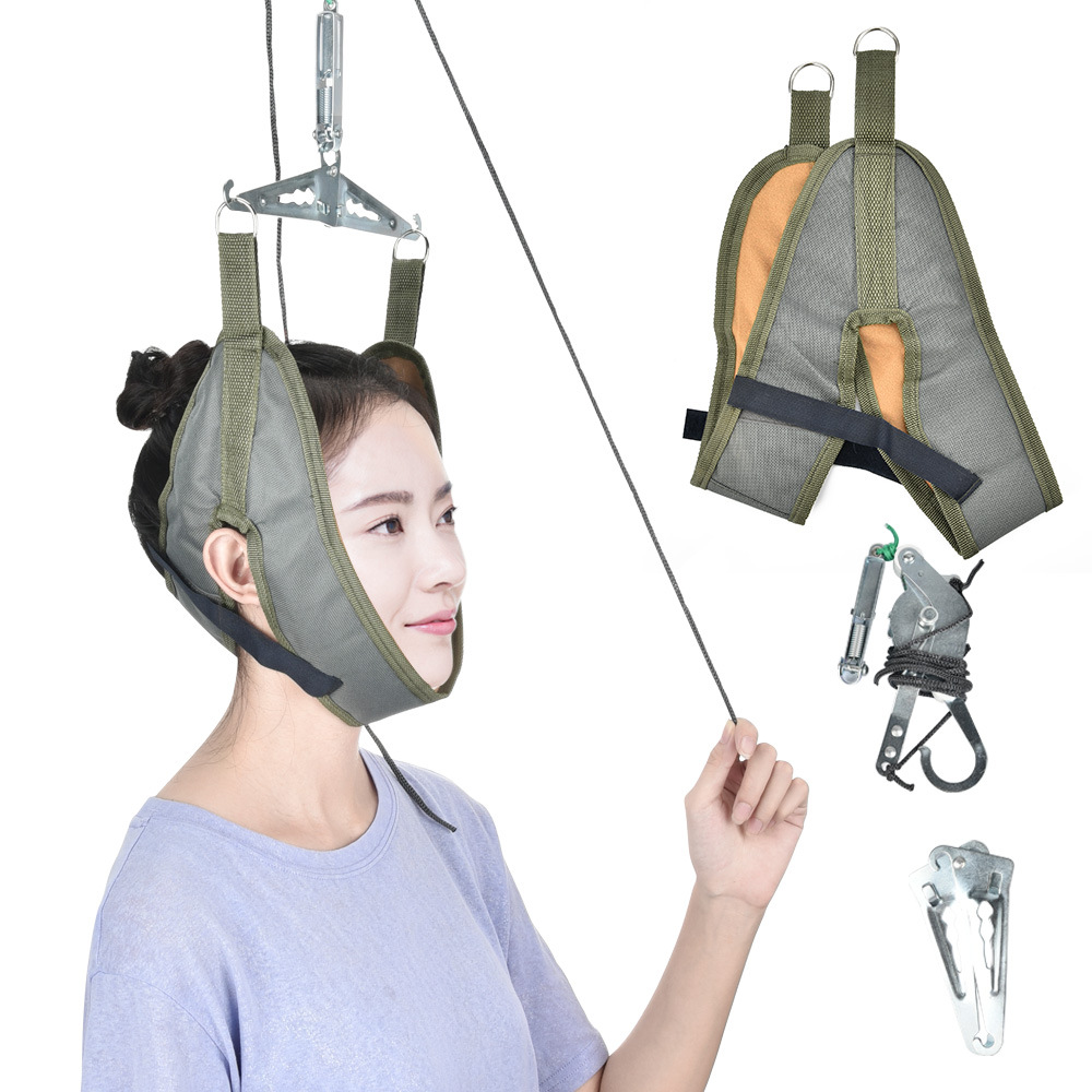 Woman wearing sage-green cervical traction frame suspended from overhead pulley system, side profile showing proper neck extension and device fit