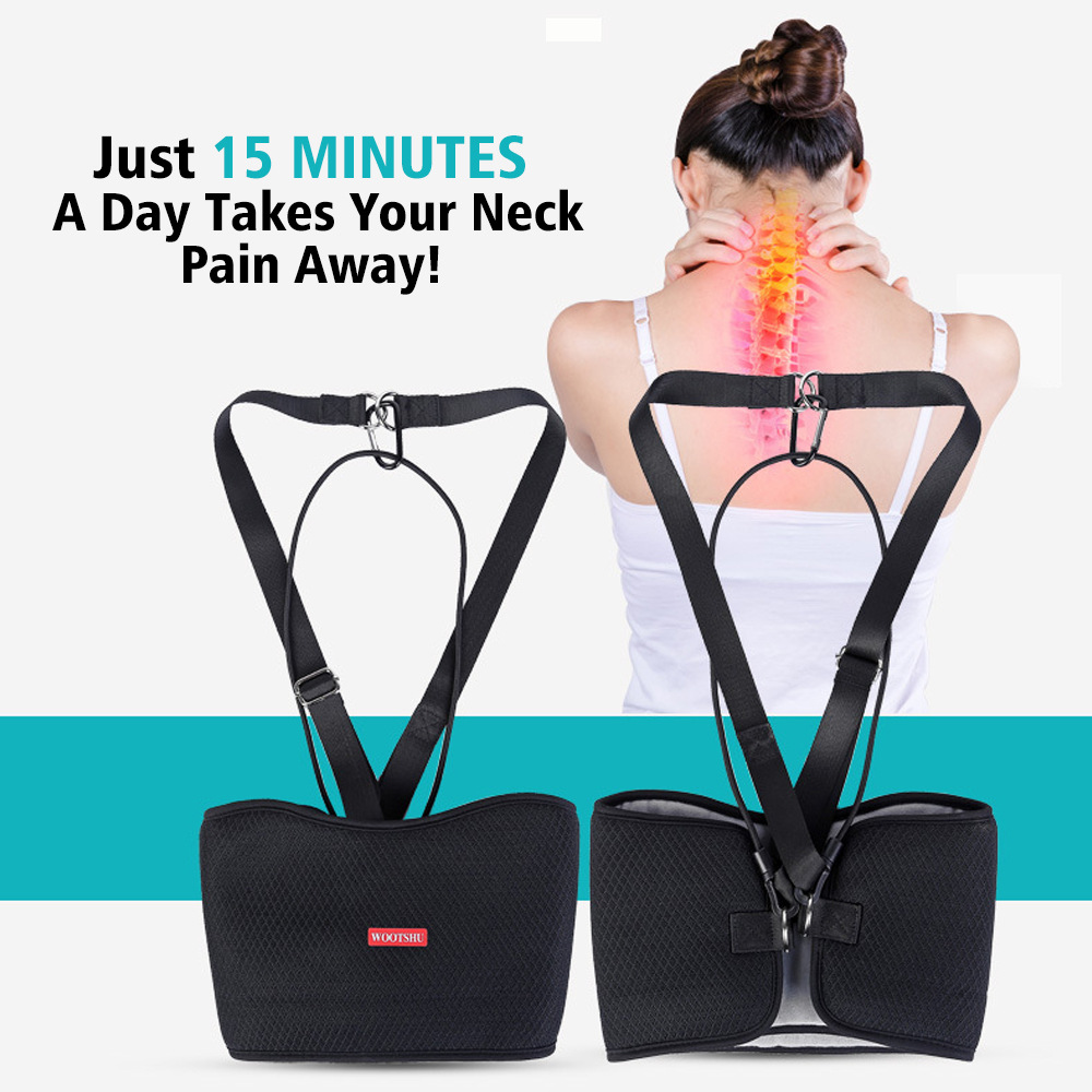 Woman suspended in neck hammock, head tilted back in deep relaxation on a serene light background