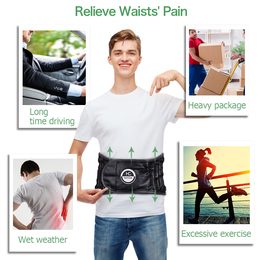 HailiCare black inflatable lumbar belt with manual pump, showing adjustable straps and metallic gas column