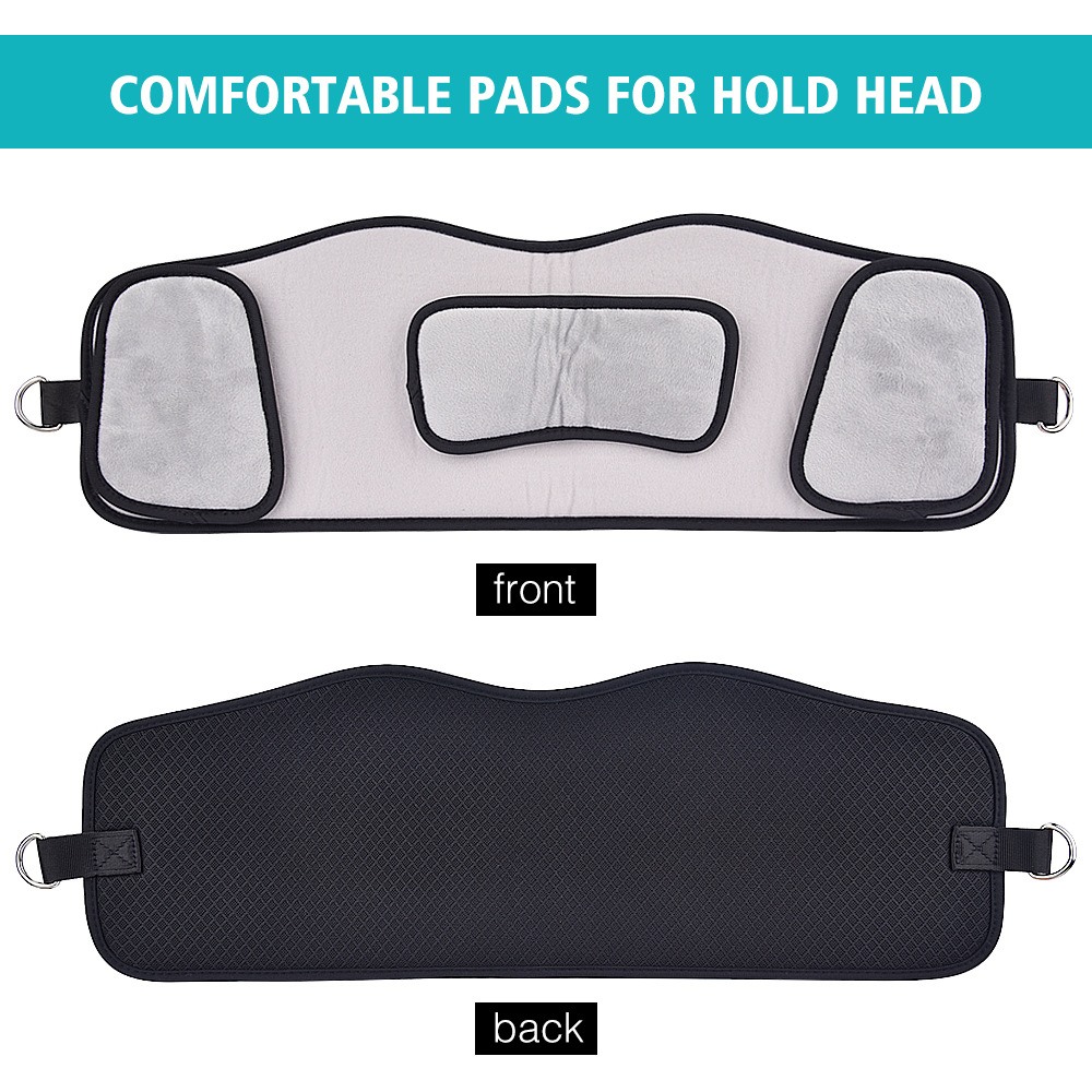 Flat lay of all included accessories: neck hammock, straps, door anchor, carabiner
